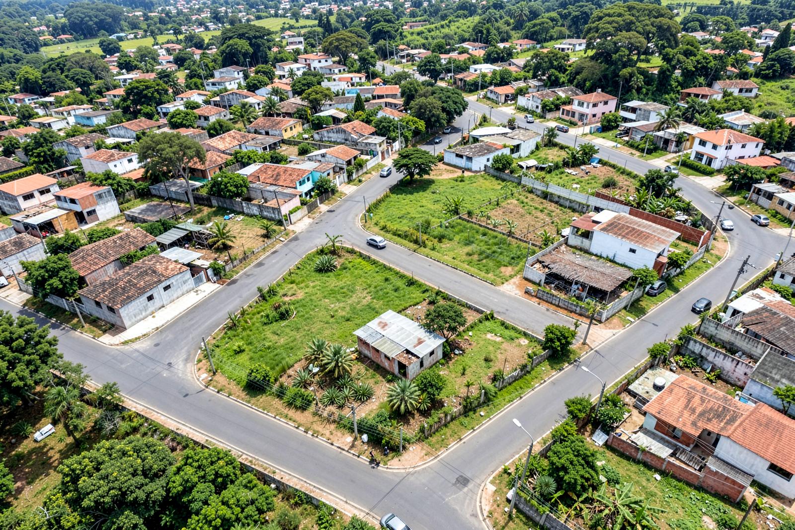 Vista aérea de loteamento com lotes e ruas abertas